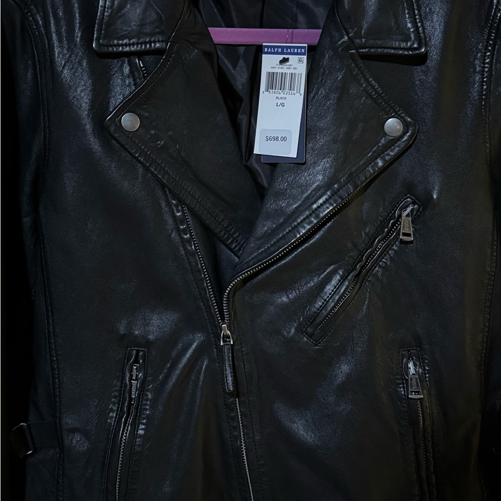 Authentic Polo Ralph Lauren Classic Black Leather Moto Jacket - Picture 7 of 10